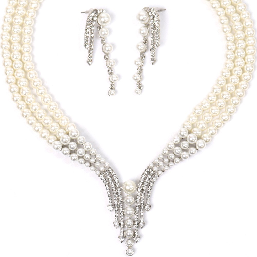 パーティーネックレス ピアスセット 3連パールネックレス レディース 結婚式 フォトウエディング アクセサリー 発表会 ラインストーン装飾 二次会 お呼ばれ_1