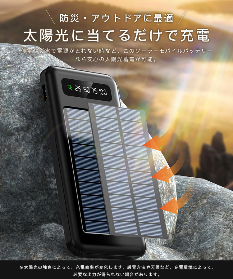 モバイルバッテリー 20000mAh 大容量 ソーラー充電 4台同時充電 2.1A高出力 PSE適合 残量表示 iPhone Android対応 旅行 防災 非常用 災害用 停電対策 携帯充電器 関連画像2