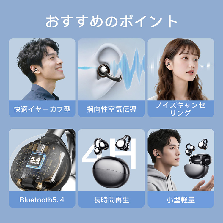 ワイヤレスイヤホン イヤーカフ型 空気伝導 耳を塞がない オープンイヤー Bluetooth5.4 軽量 快適フィット 音漏れ抑制 充電ケース 超長待機 iPhone Android対応 関連画像2