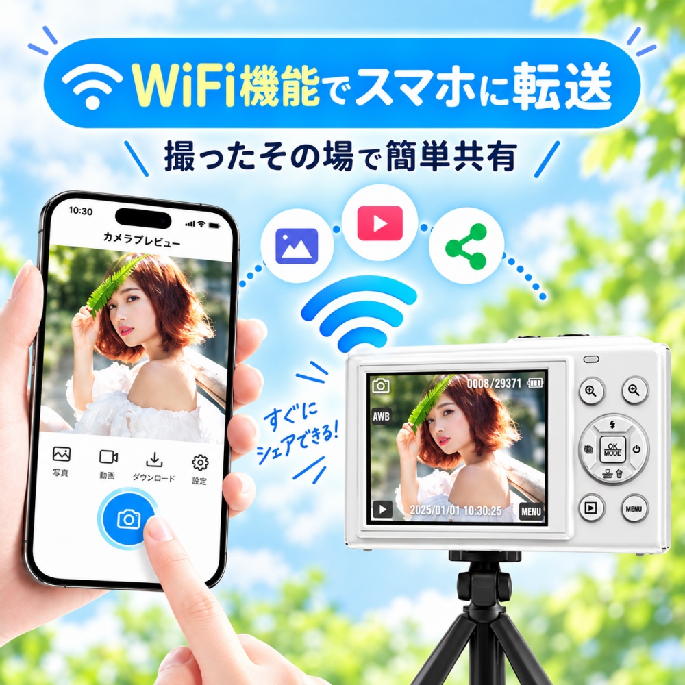 デジカメ 5K 8000万画素 WiFi対応 スマホ転送 自撮り デュアル