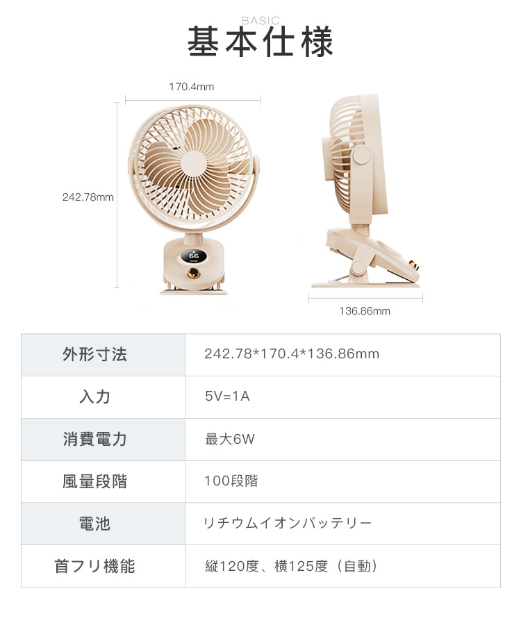 扇風機 クリップ扇風機 ハンディ扇風機 100段階調整 ハンディファン 卓上 クリップ 壁掛け 車 携帯扇風機 ベビーカー自動首ふり 残量目安表示 強力 ミニ 低騒音｜lovely-brown｜22