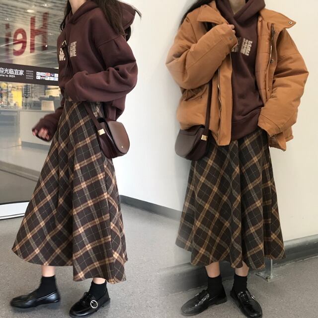 スカート 秋冬 40代 ロングスカート チェック柄 フレアスカート
