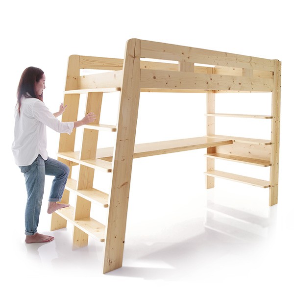 ロフトベッド ハイタイプ シングル シングルベッド 木製 システムベッド すのこ 収納ラック デスク 本棚 おしゃれ 天然木 記念日 はしご ロウヤ Lowya 子供