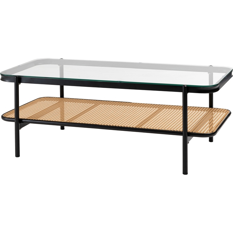 センターテーブル リビングテーブル/ラタン調 天板ガラス/レトロモダン/幅110 高さ40.5 | 