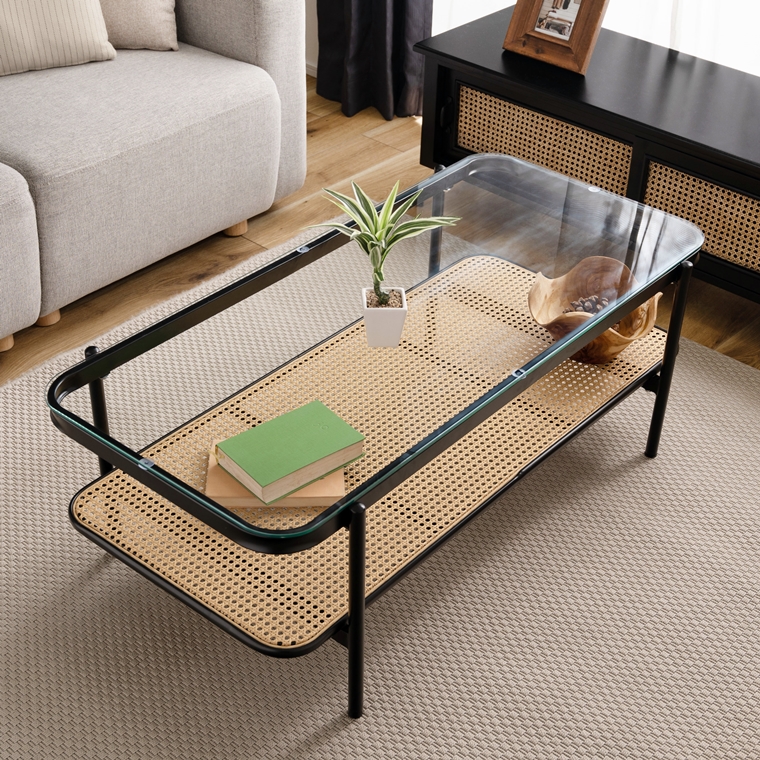 センターテーブル リビングテーブル/ラタン調 天板ガラス/レトロモダン/幅110 高さ40.5 |  | 02