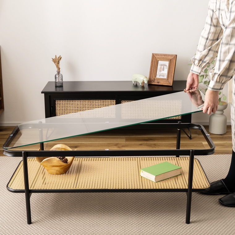 センターテーブル リビングテーブル/ラタン調 天板ガラス/レトロモダン/幅110 高さ40.5 |  | 12