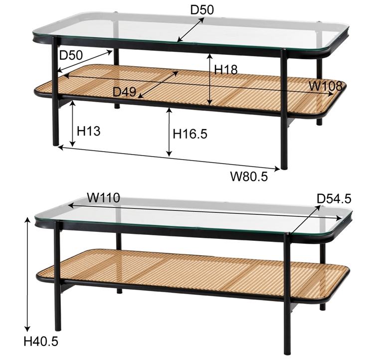 センターテーブル リビングテーブル/ラタン調 天板ガラス/レトロモダン/幅110 高さ40.5 |  | 18