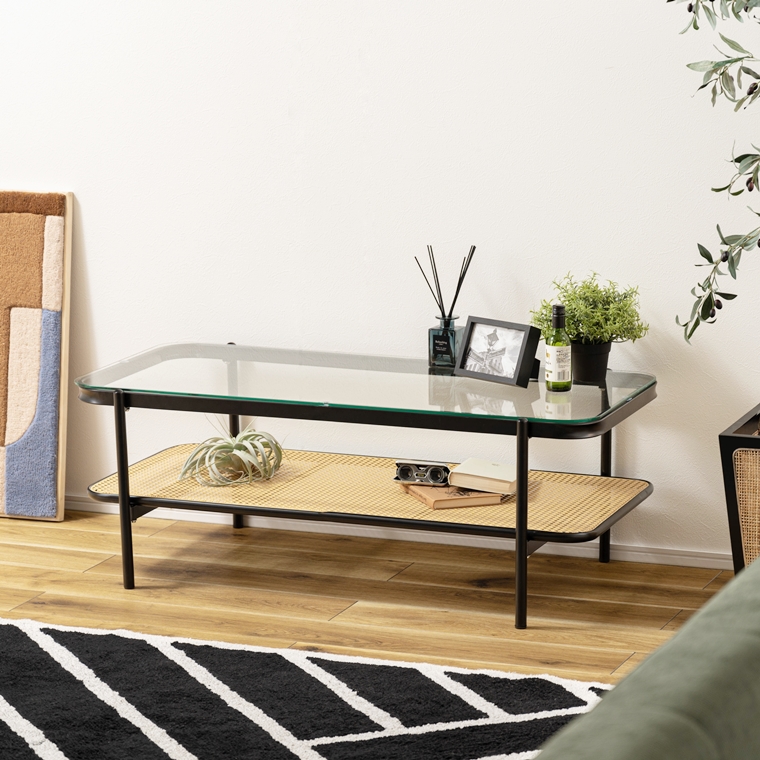 センターテーブル リビングテーブル/ラタン調 天板ガラス/レトロモダン/幅110 高さ40.5 |  | 06