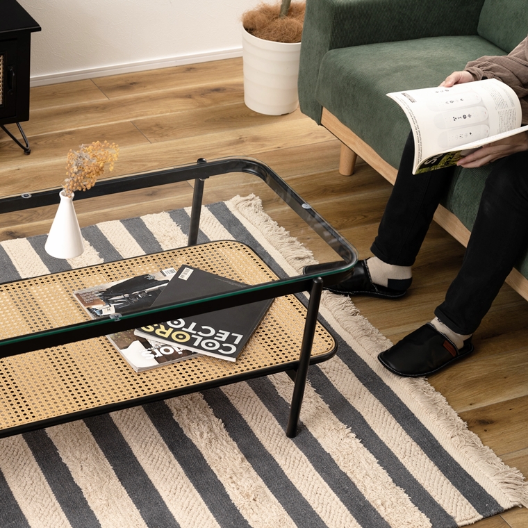 センターテーブル リビングテーブル/ラタン調 天板ガラス/レトロモダン/幅110 高さ40.5 |  | 07