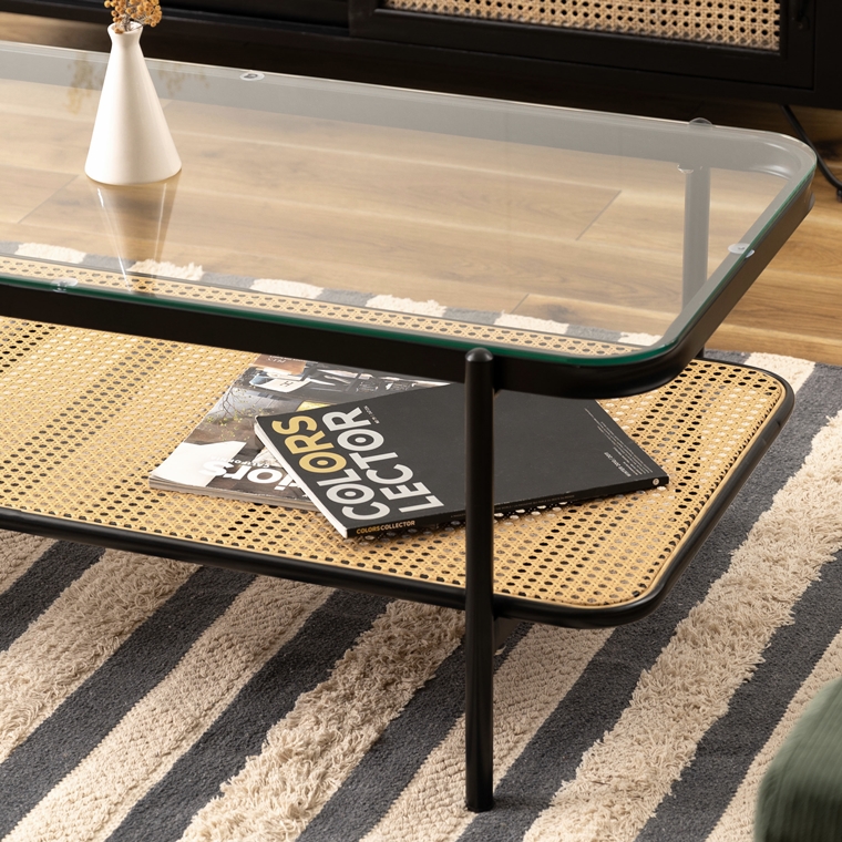 センターテーブル リビングテーブル/ラタン調 天板ガラス/レトロモダン/幅110 高さ40.5 |  | 08