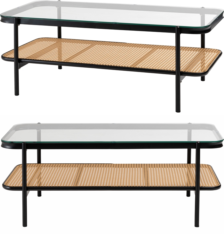 センターテーブル リビングテーブル/ラタン調 天板ガラス/レトロモダン/幅110 高さ40.5 |  | 09