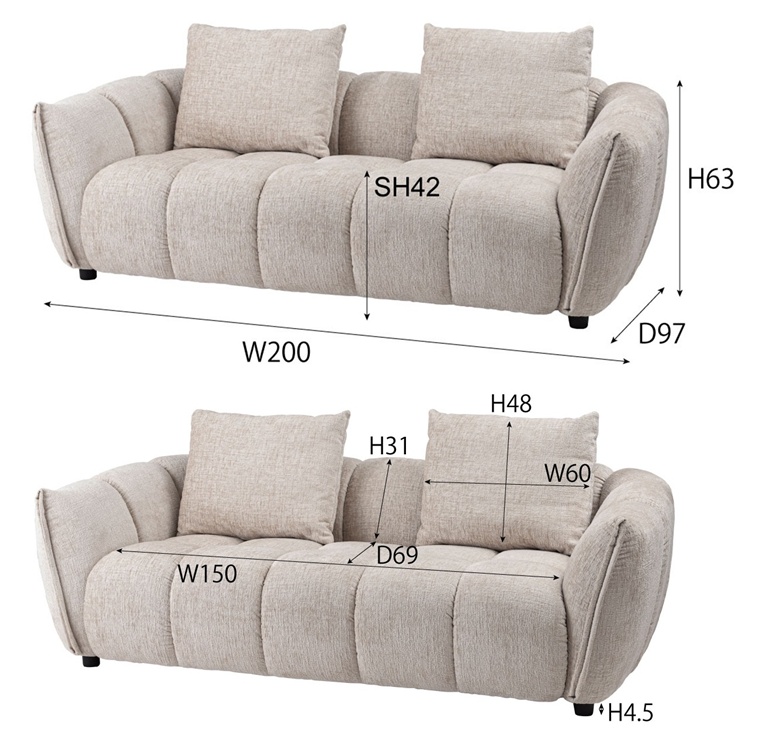 ソファー ソファ/三人掛け クッション付き/幅200 座面高42/送料お問い合わせ |  | 22