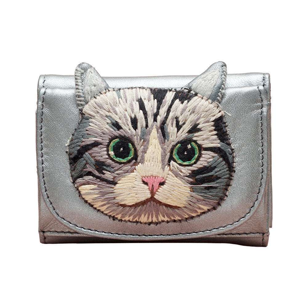 tamao world 折り財布 猫 ネコ ねこ ミニ財布 シルバー tamao tamao world タマオワールド ねこミニ財布 折り財布 刺繍財布