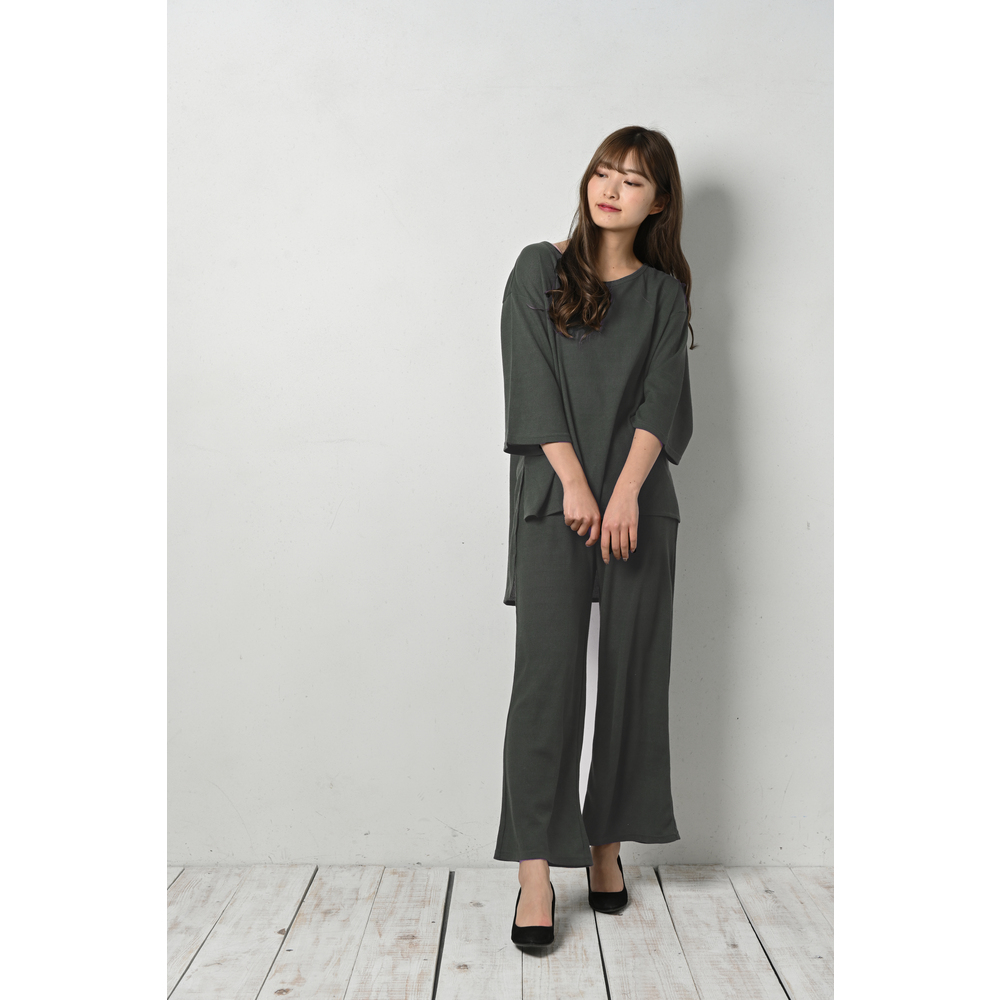 チャコール M L パンツ セットアップ 通販 ワイドパンツ トップス レディース 部屋着 普段着 ゆったり リラックス カジュアル 2点セ 代引不可