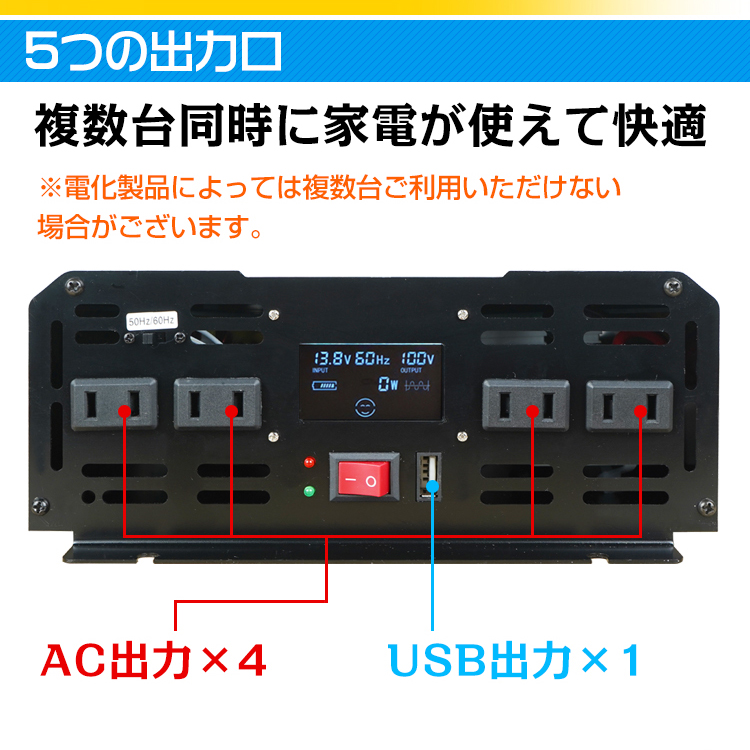 インバーター 2000W 正弦波 12V 24V リモコン モニター 車 コンセント4
