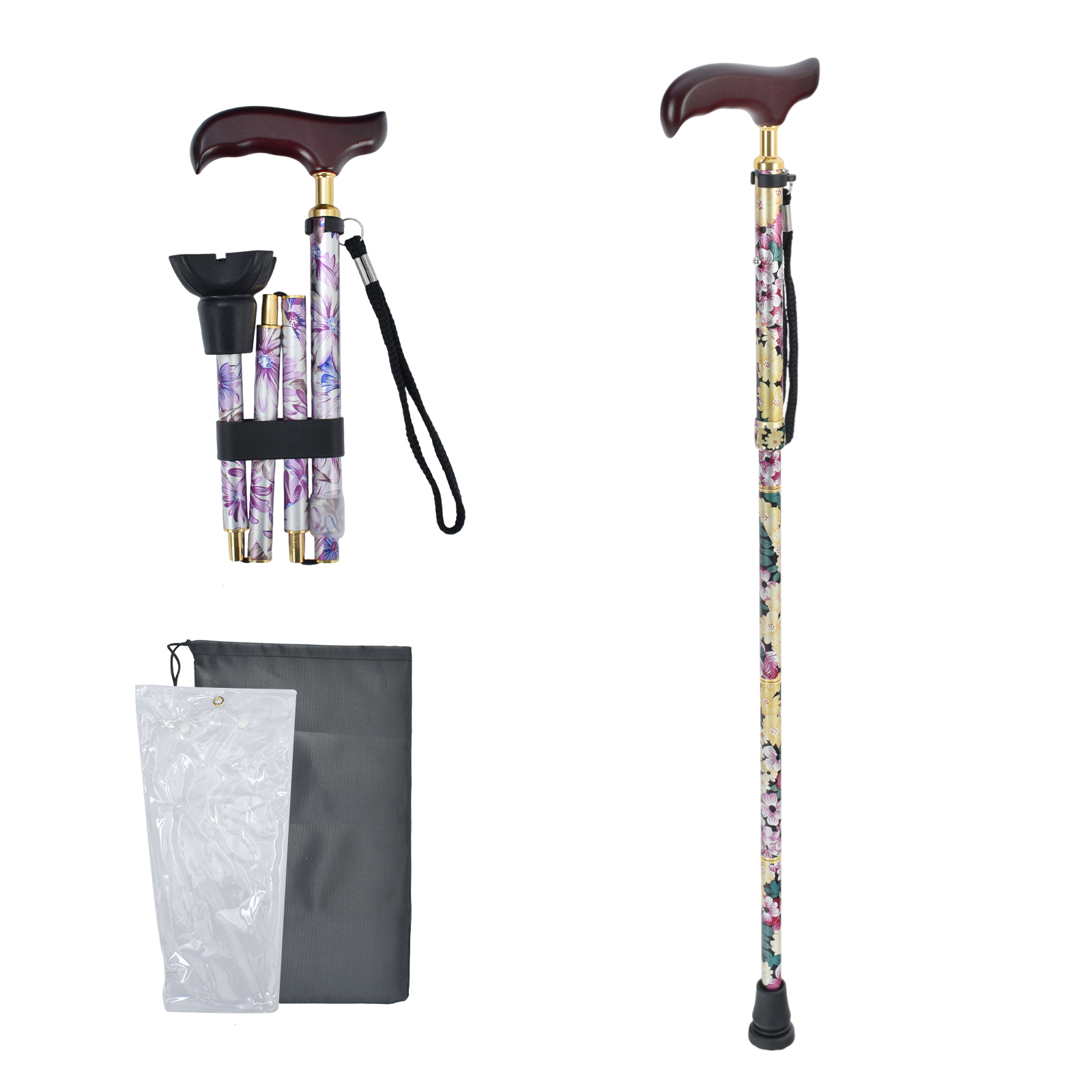 つえがさ　杖 杖 折りたたみ 軽量 つえ 花柄 アルミ合金 木目調 グリップ ステッキ