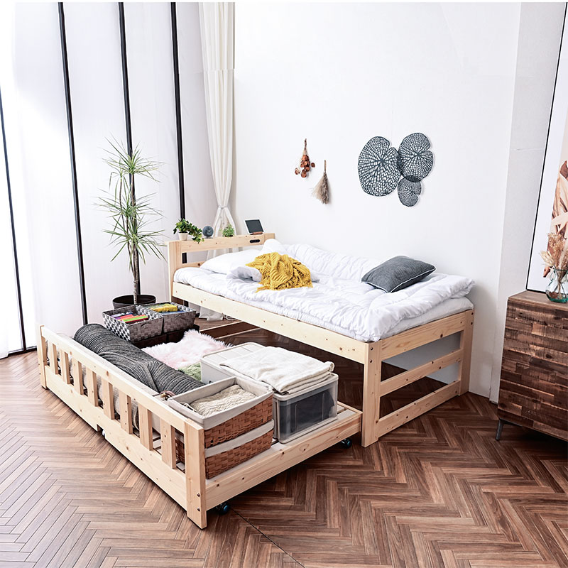 2段ベッド 二段ベッド 親子ベッド 天然木 コンセント付き スライド収納式 木製ベッド 子供用ベッド ツインズ(フレームのみ)-ART