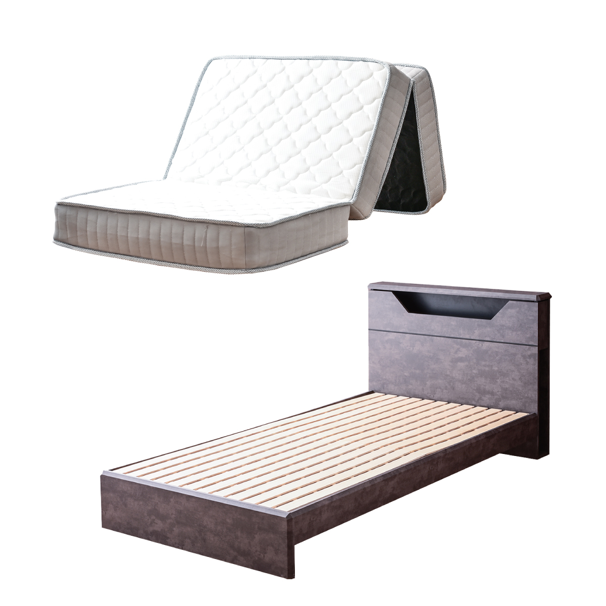 三つ折り圧縮ポケットマットレス付き シングルベッド マットレスセット