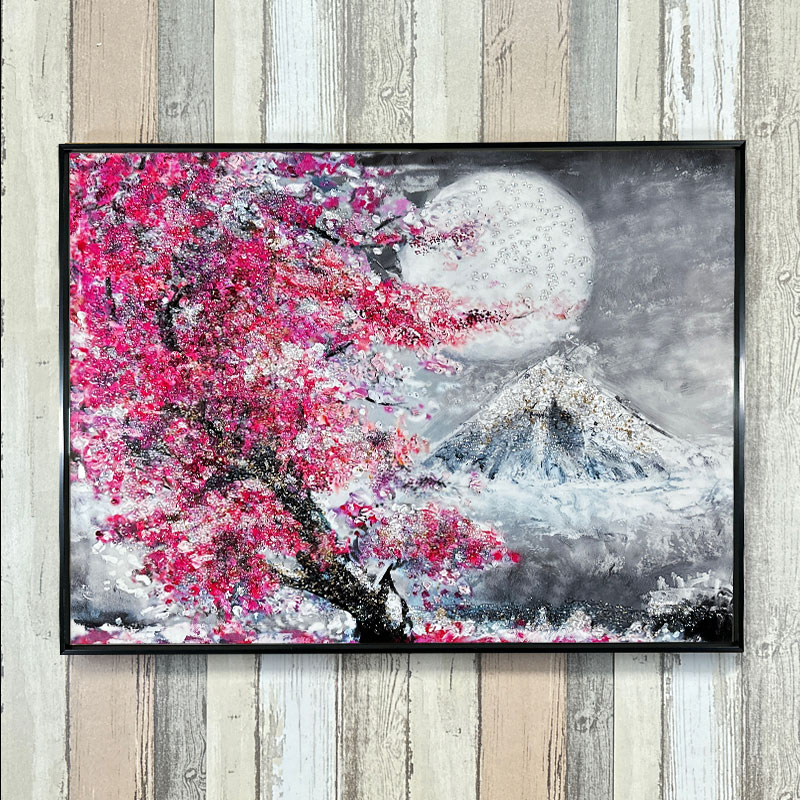 水晶パネル アートパネル 60×80cm 桜 月 風景 黒フレーム付き 