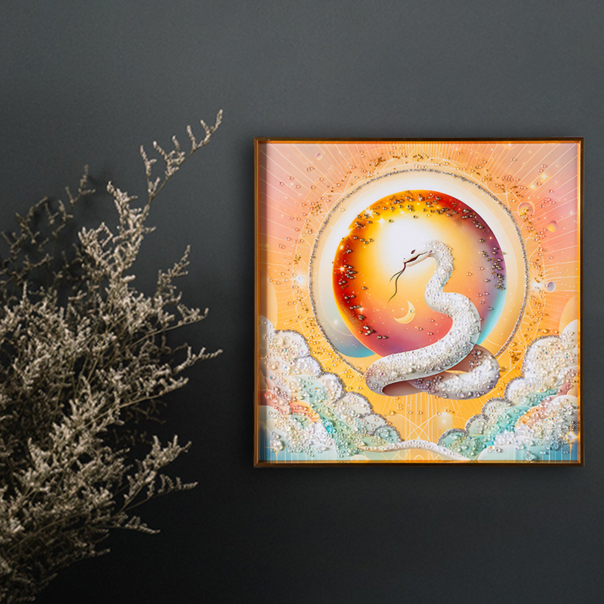 水晶パネル アートパネル 50×50cm 開運画 金フレーム付き 白蛇 巳