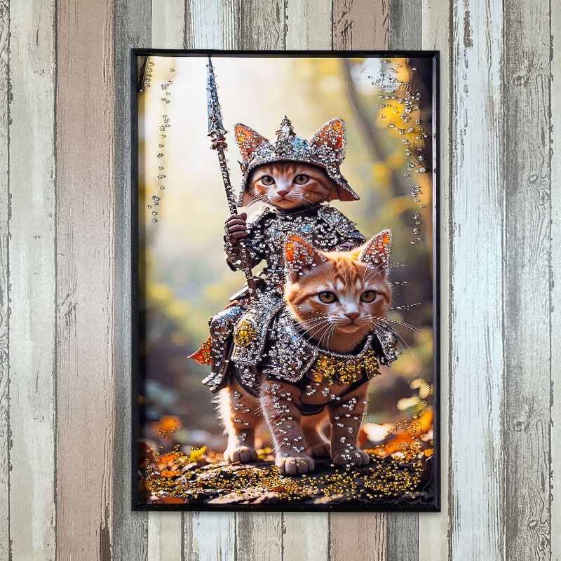 水晶パネル アートパネル 40×60cm 60×40cm 猫 ねこ 騎士 黒フレーム