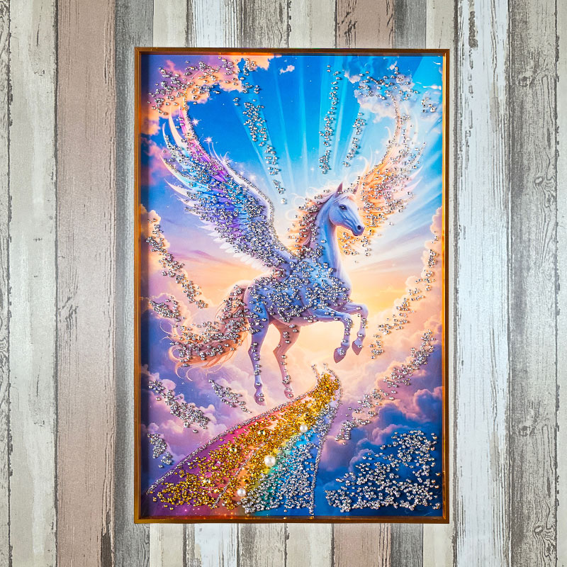 ペガサス 水晶画　クリスタルアート ゴールド 壁掛け アートパネル　開運 水晶パネル アートパネル 40×60cm 60×40cm ペガサス 空 虹 金フレーム