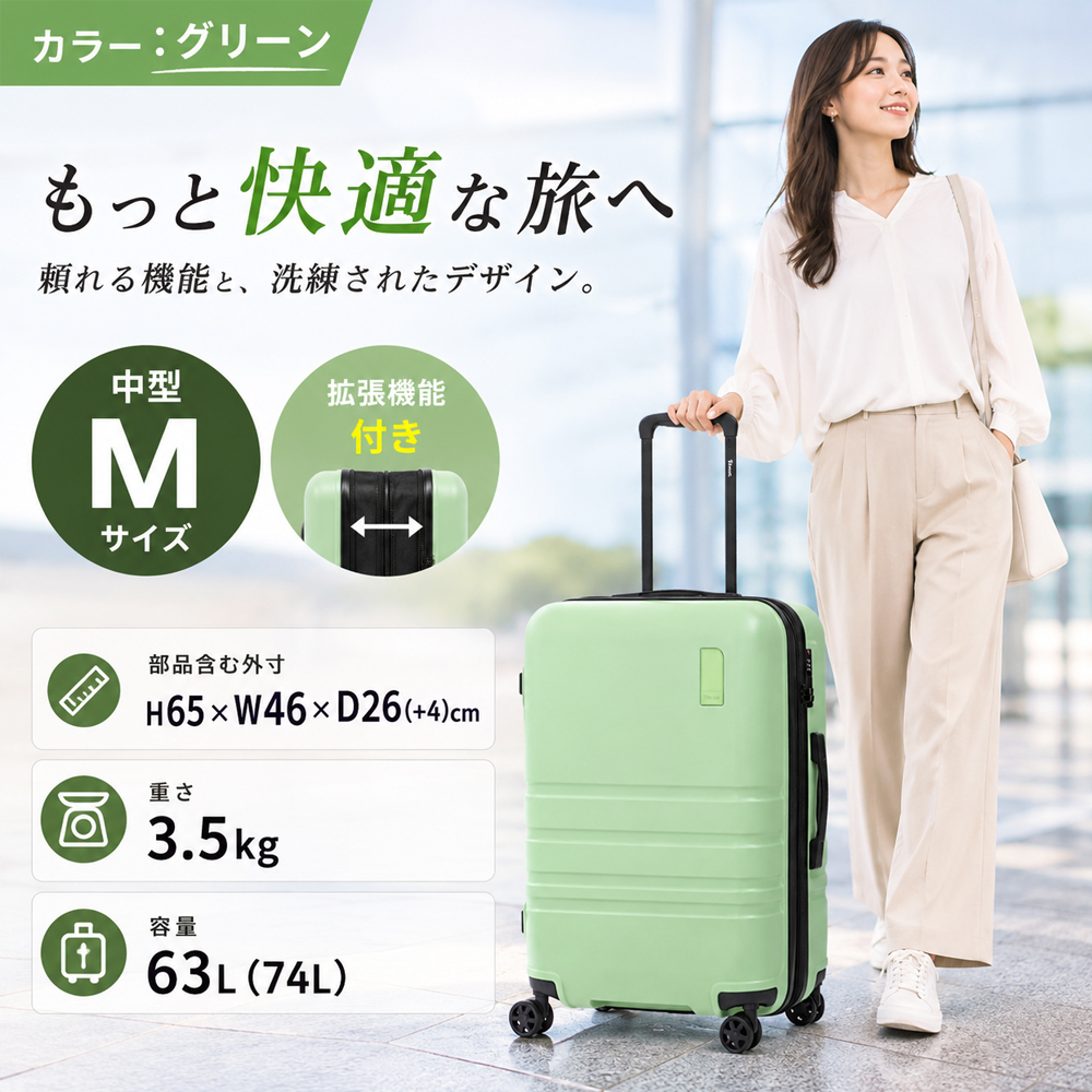 FANCY WONDERLAND スーツケース m キャリーケース mサイズ 軽量 拡張