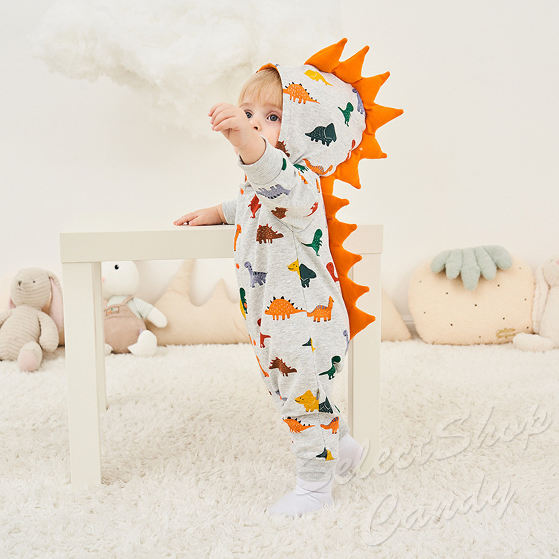 本周末限定价格 BAPEKIDS 恐竜フード付きカラフルロンパース80cm ロンパース 恐竜 怪獣 ダイナソー ベビーウェア 新生児 赤ちゃん 長袖