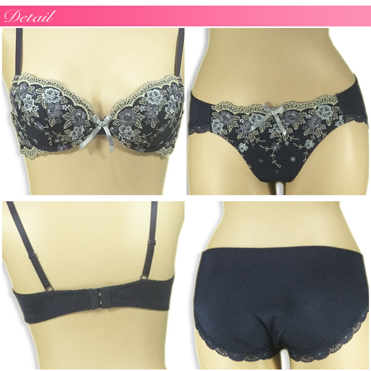 エレガントな花柄刺繍の　3/4カップブラ＆ショーツセット