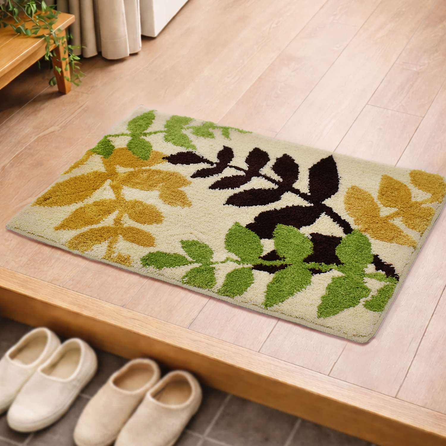 玄関マット 屋内 45×65cm アリシア 洗える 北欧 リーフ柄 グリーン