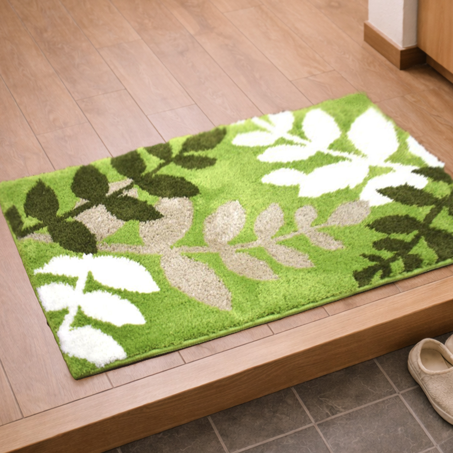 玄関マット 屋内 45×65cm アリシア 洗える 北欧 リーフ柄 グリーン