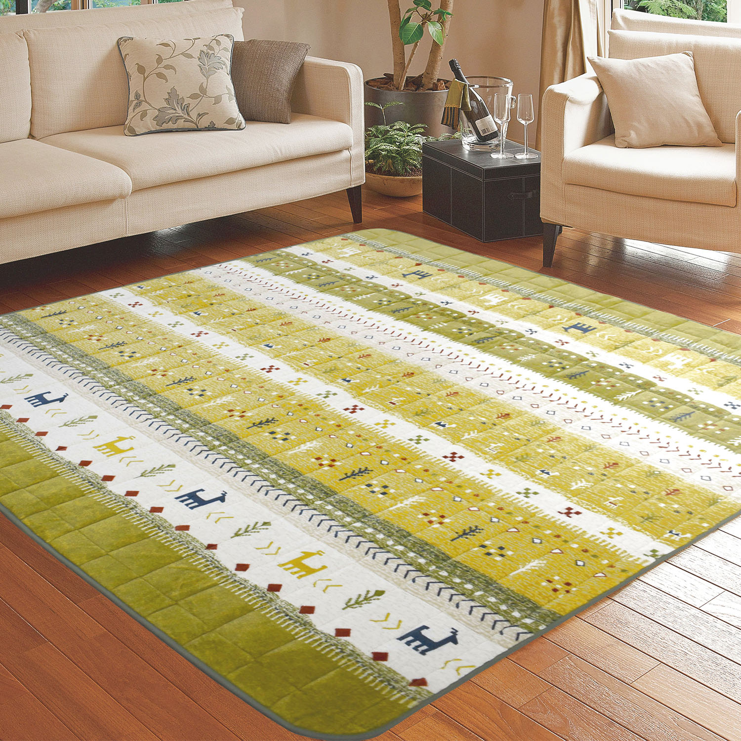 北欧 キルティング ラグ ラグマット カーペット キルト花模様 黄色ナチュラル春 北欧 キルティング ラグ ラグマット カーペット キルト花模様 黄色