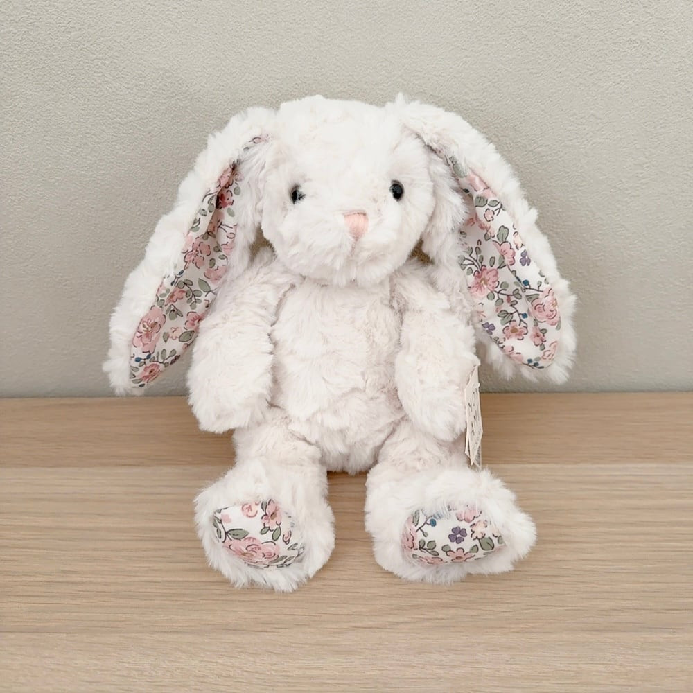美品！ ぬいぐるみ 花柄ドレスのウサギぬいぐるみ MON AMI 垂れ耳 うさぎ 花柄 ぬいぐるみ ホワイト ふわふわ フェイス