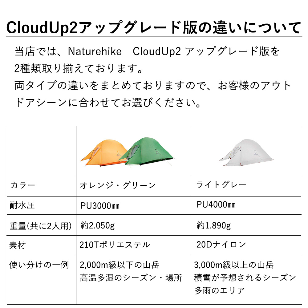 2人用 テント（専用グランドシート付） CloudUp2 アップグレード版 210T 超軽量 4シーズン 自立式 PU3000 キャンプ Naturehike  ネイチャー ハイク 正規販売店 : y200909581101 : ルナワールド ヤフー店 - 通販 - Yahoo!ショッピング