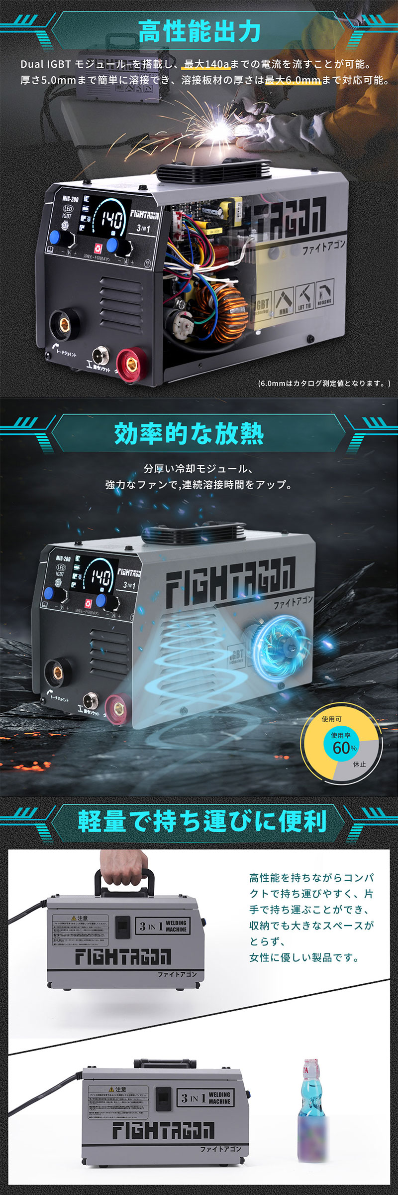 FIGHTAGON 溶接機 半自動溶接機 LED表示 最大出力140A 1台3役 FIGHTAGON 溶接機 半自動溶接機 LED表示 最大出力140A 1台3役
