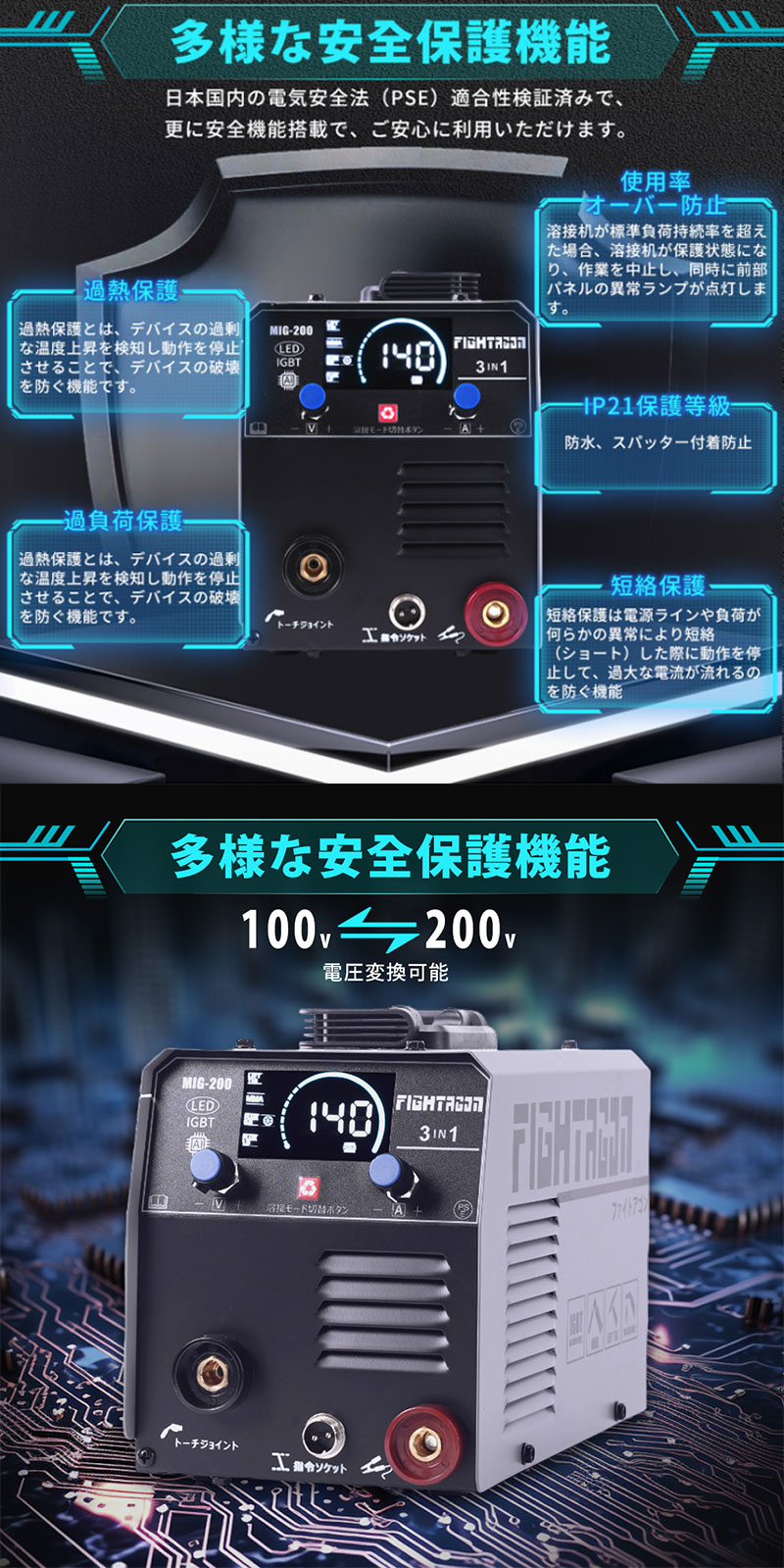 FIGHTAGON 溶接機 半自動溶接機 LED表示 最大出力140A 1台3役 ノンガス