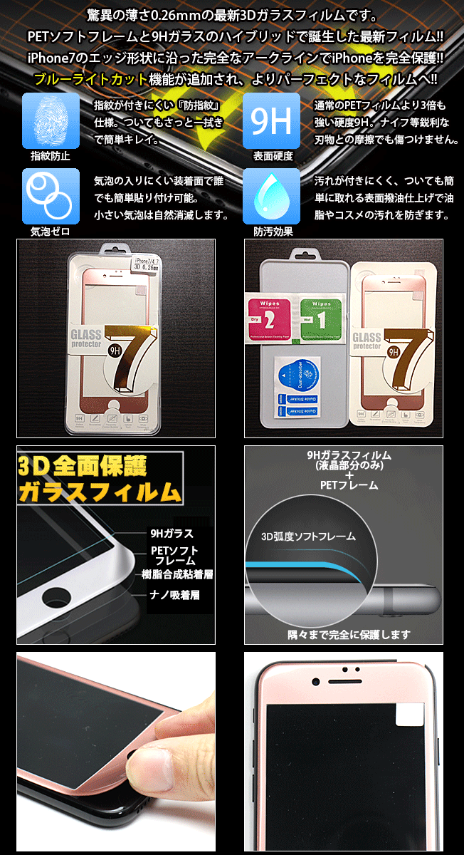ガラスフィルム ブルーライトカット iPhone PETフレーム 全面