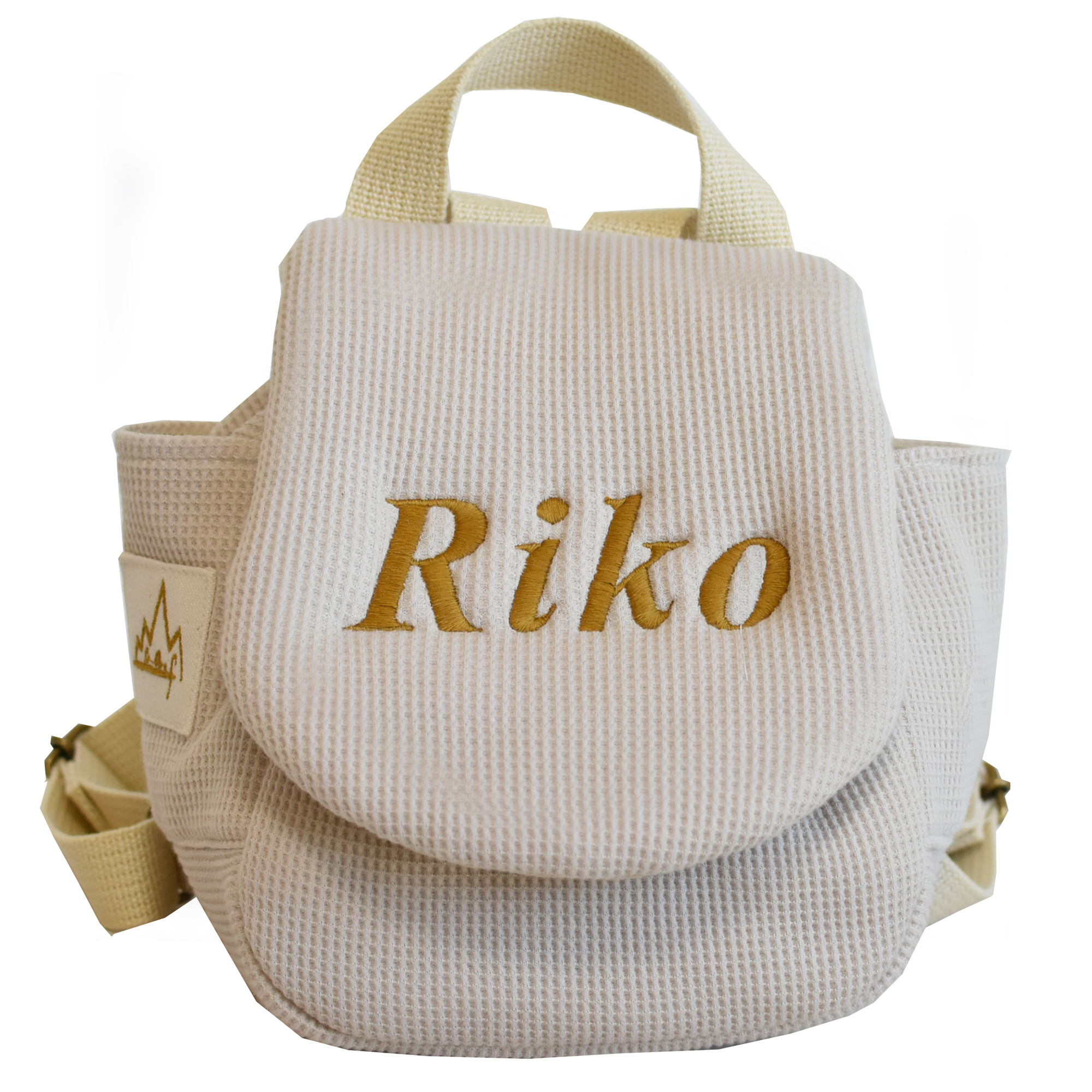 ＜お急ぎ便＞ベビーリュック 名入れ　1歳　誕生日　 ワッフル　ギフト　プレゼント　お名前赤ちゃん　リュックサック　出産祝い　女の子　男の子 caf-0021の画像