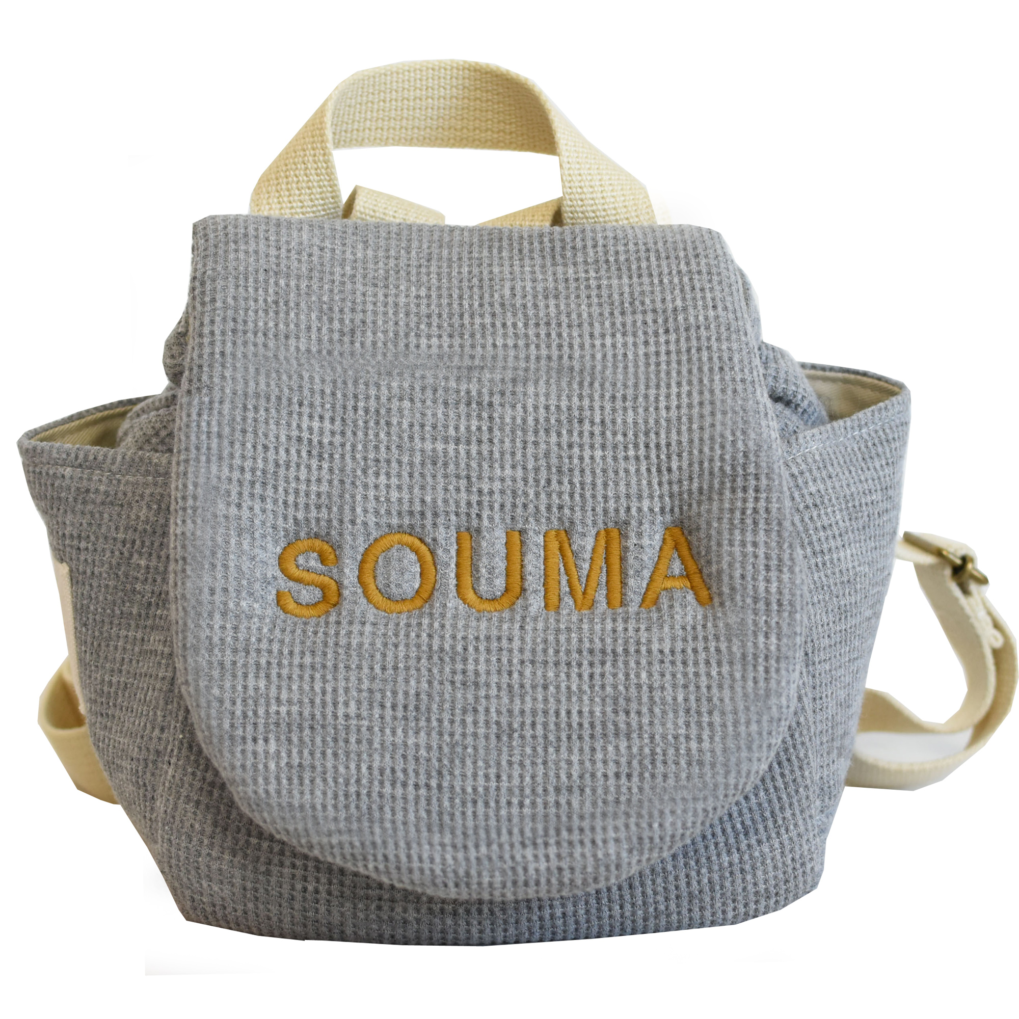 ＜お急ぎ便＞ベビーリュック 名入れ　1歳　誕生日　 ワッフル　ギフト　プレゼント　お名前赤ちゃん　リュックサック　出産祝い　女の子　男の子 caf-0021の画像
