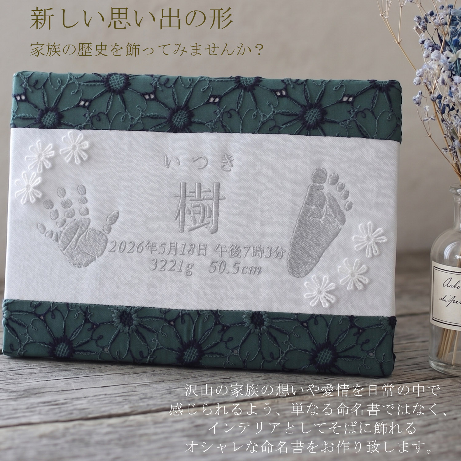 命名書 刺繍　手形 刺しゅう オーダー 足形　名入れ 名前旗 赤ちゃん ベビー 　インク不要　花柄レース  出産祝い インテリア おしゃれ caf-0108の画像