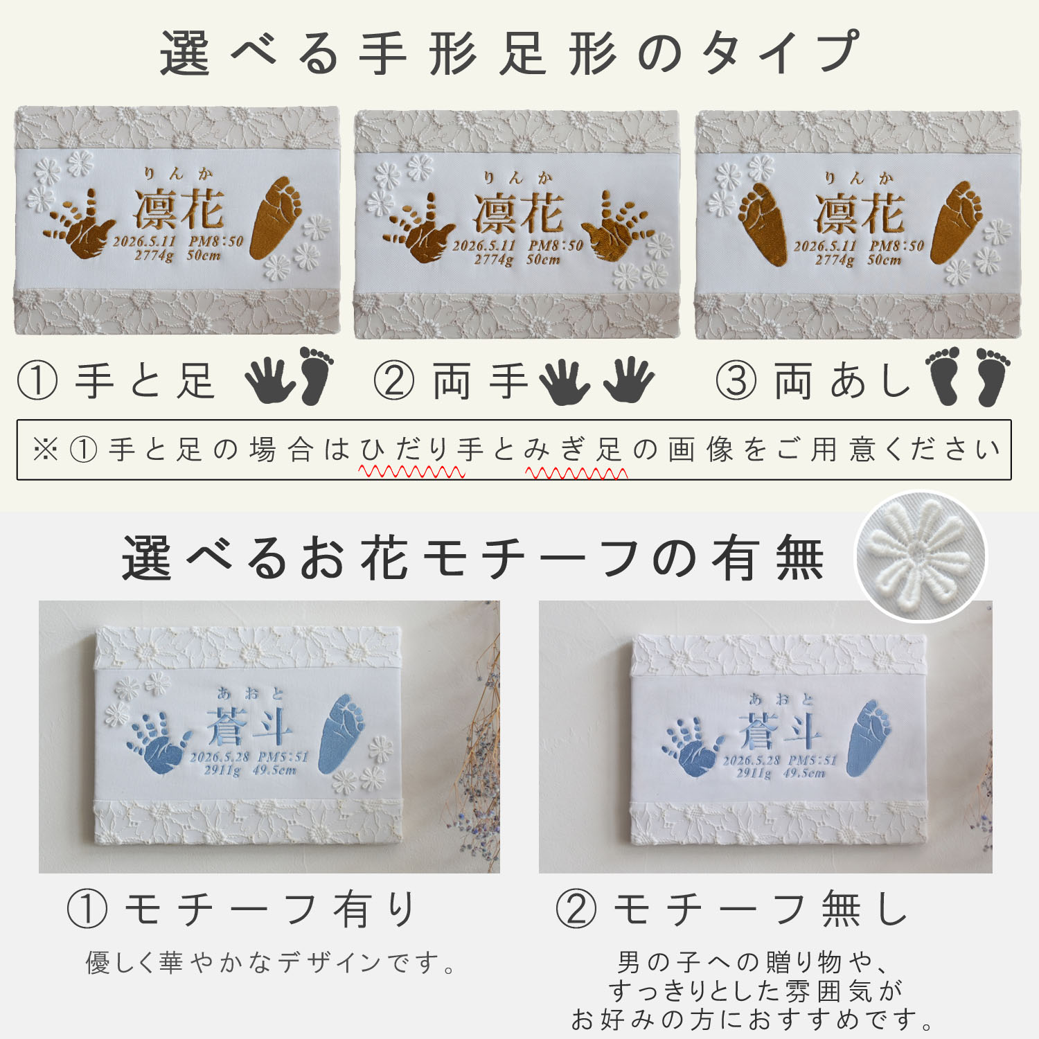 命名書 刺繍　手形 刺しゅう オーダー 足形　名入れ 名前旗 赤ちゃん ベビー 　インク不要　花柄レース  出産祝い インテリア おしゃれ caf-0108の画像