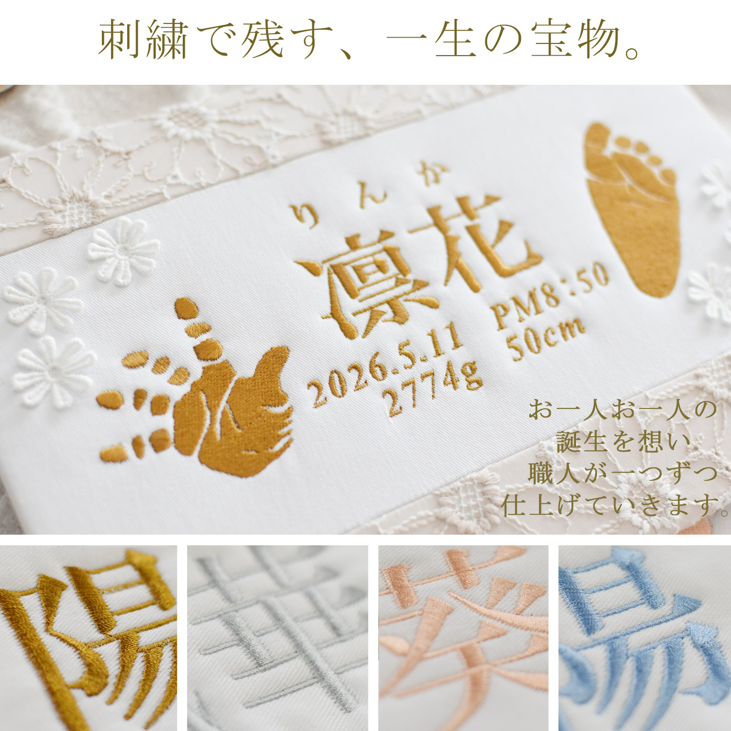 命名書 刺繍　手形 刺しゅう オーダー 足形　名入れ 名前旗 赤ちゃん ベビー 　インク不要　花柄レース  出産祝い インテリア おしゃれ caf-0108の画像