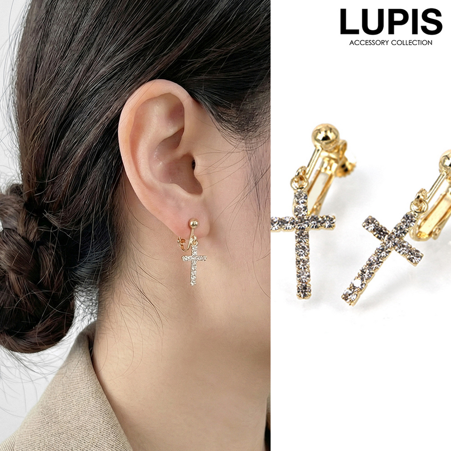 LUPIS（ルピス） イヤリング クロス ラインストーン 十字架 シンプル