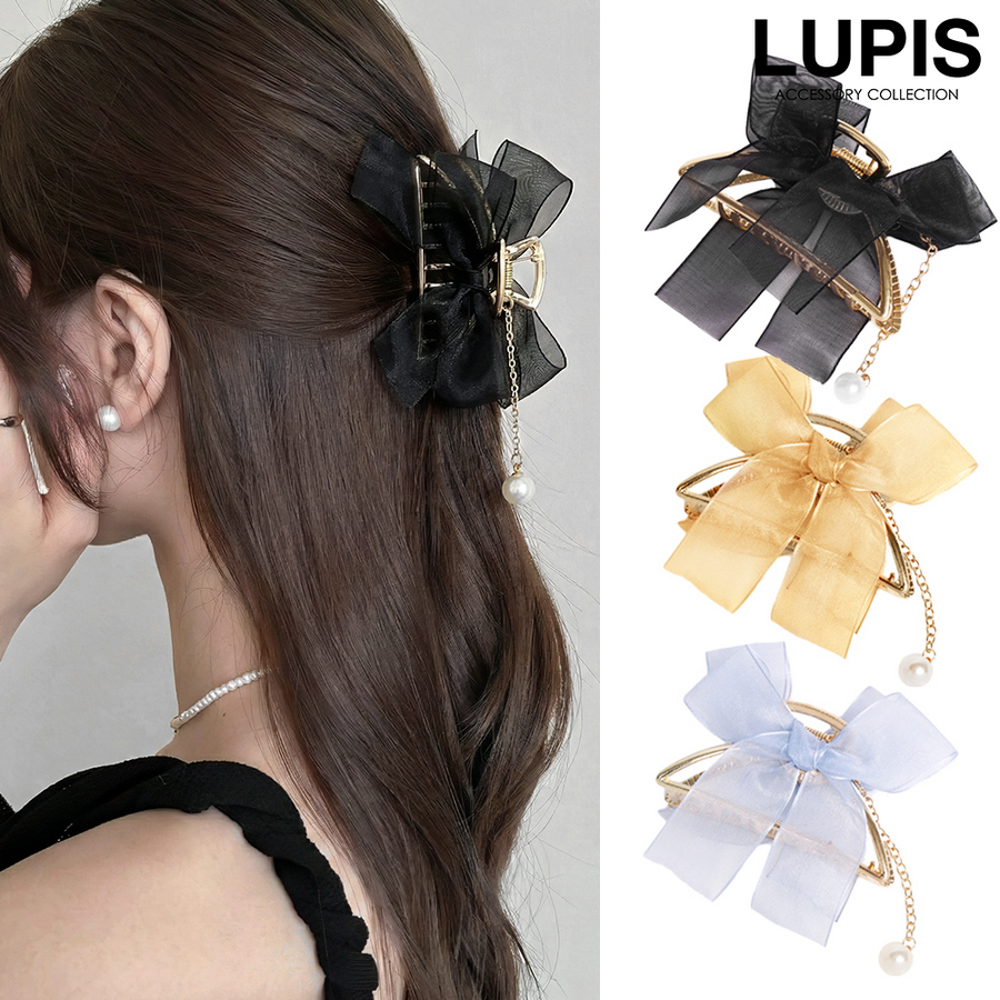 パールつき オーガンジーダブルリボン ベビーヘアクリップ ヘアピン 髪飾り LUPIS（ルピス） バンスクリップ ヘアクリップ ヘアアクセサリー