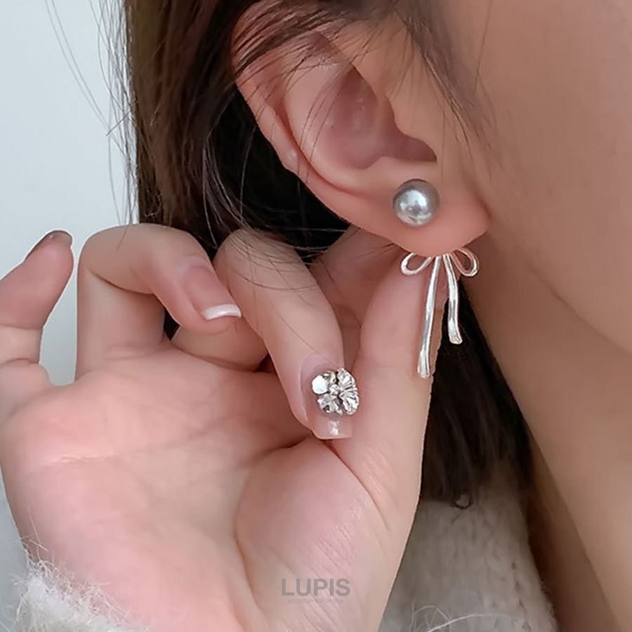 LUPIS ピアス レディース リボン パール グレーパール 上品