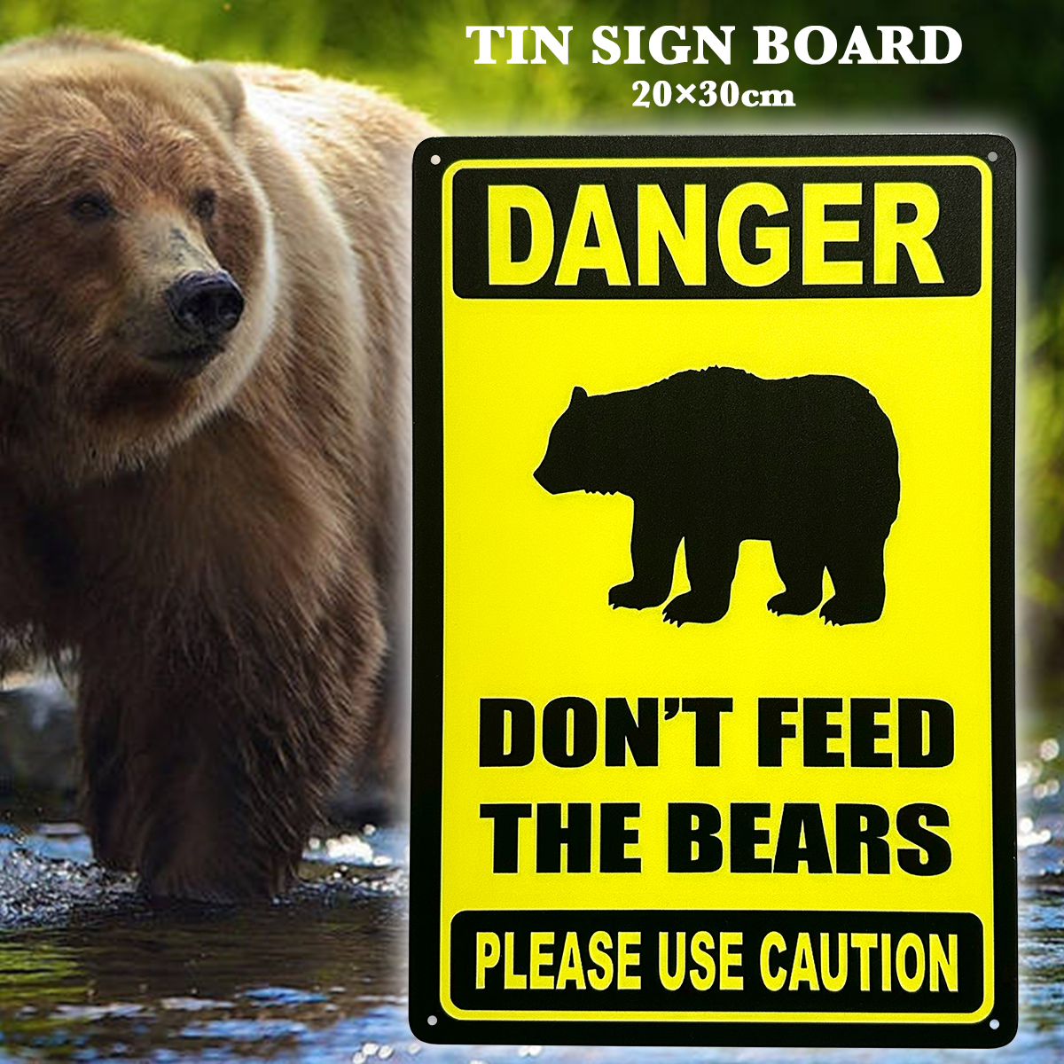 熊に注意 ブリキ看板 20cm×30cm 熊に餌を与えないで 防犯 セキュリティ