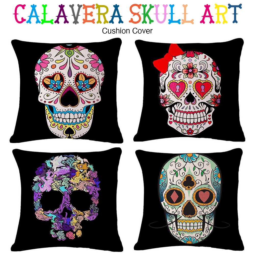 カラベラ スカル アート クッション カバー 45×45cm 全4種 メキシコ ドクロ ガイコツ 死者の日 ハロウィン