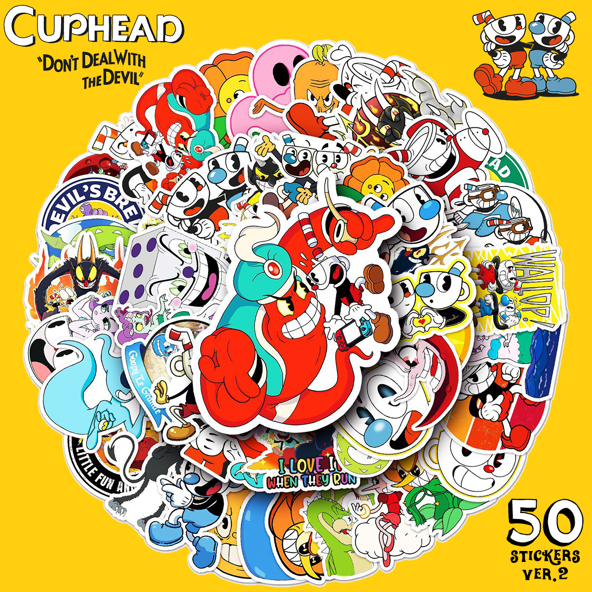 HEAD　ヘッド　ステッカー カップヘッド ステッカー 50枚セット PVC 防水 シール CUPHEAD レトロ