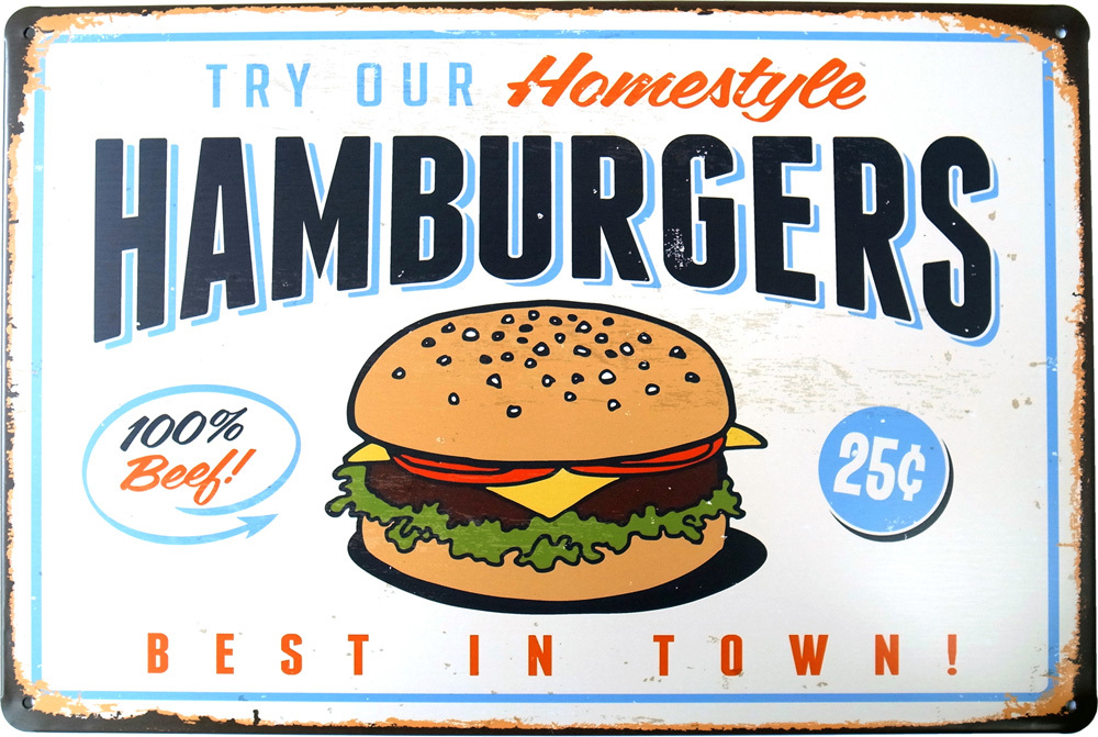 ハンバーガー ビール ホットドッグ ブリキ看板 20cm×30cm アメリカン雑貨 サインボード バー レストラン ディスプレイ