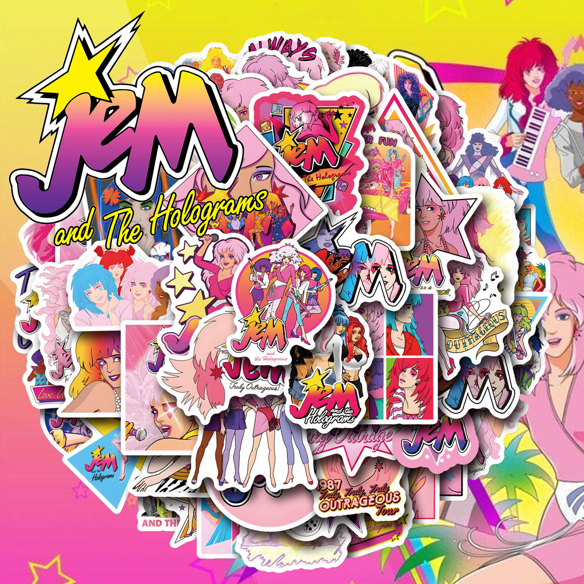 アニメキャラクター ホログラムシール 約50枚セット Jem ジェム＆ホログラムズ ステッカー 57枚セット PVC 防水 シール